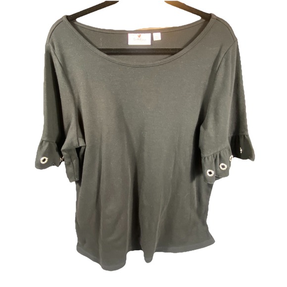 Quacker Factory Top Shirt Large Silver Grommets Ruffle Elbow Sleeves Black Soft - Picture 4 of 9